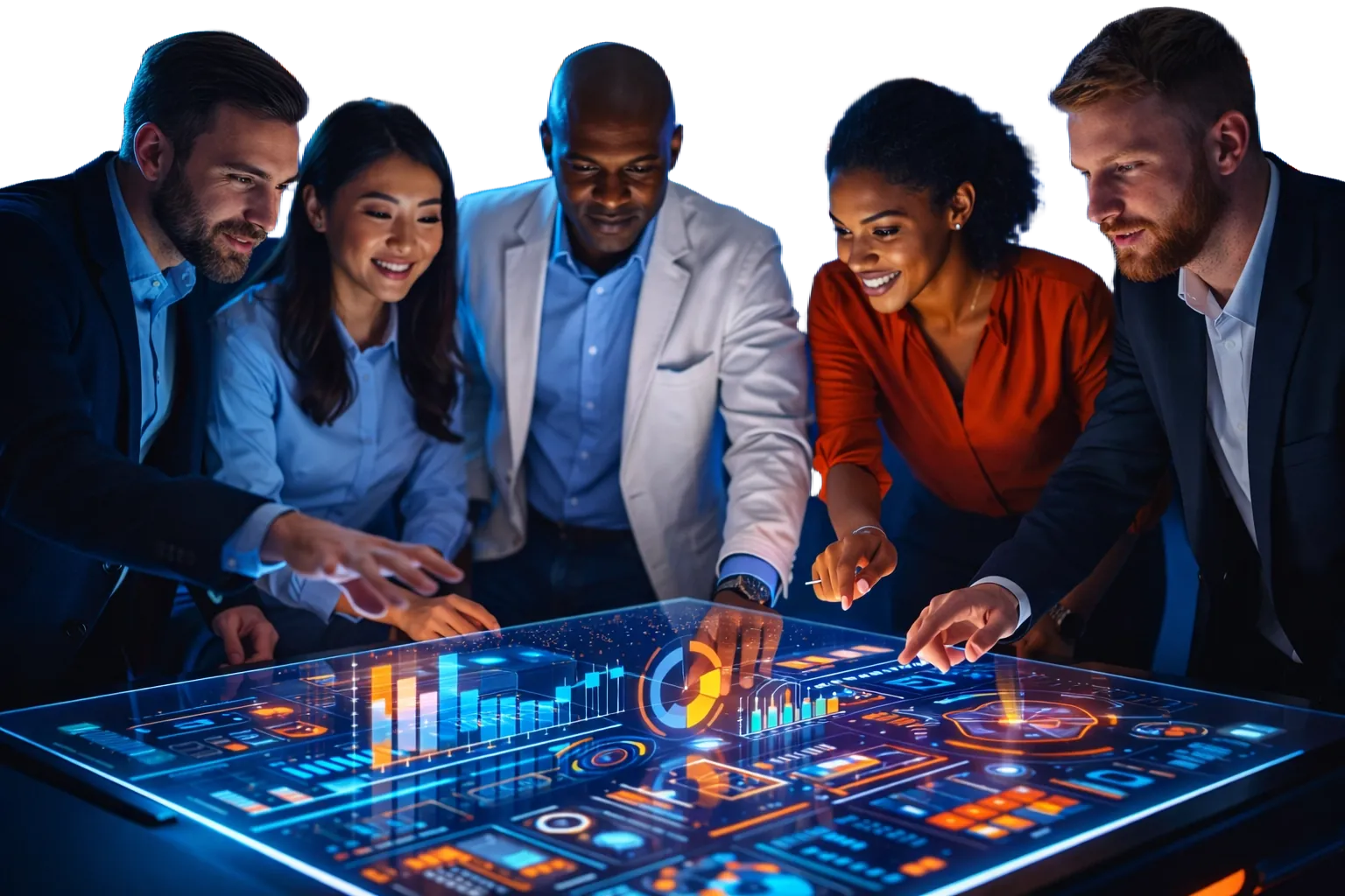 Een team rond een scherm zo groot als een tafel, vol grafieken